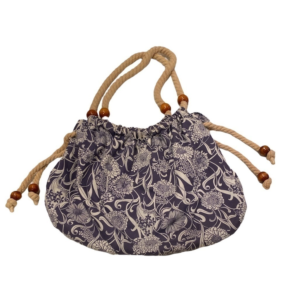 Charming Charlie Cloth Resort Summer Bag Twisted Rope Handles and Wood Beads - Picture 1 of 4